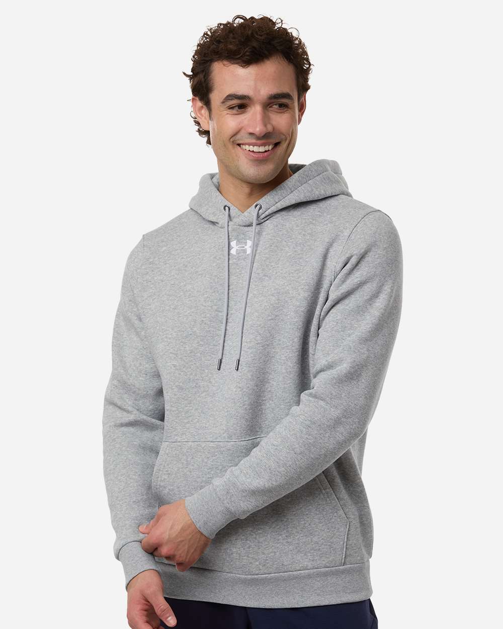 Custom team hoodies, Mod Grey Light Heather / White Under Armour Icon fleece hoodie on model, front