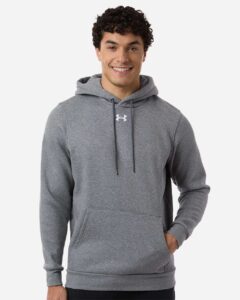 Custom team hoodies, Pitch Grey Medium Heather / White Under Armour Icon fleece hoodie on model, front