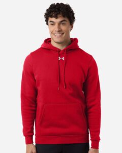 Custom team hoodies, Red / White Under Armour Icon fleece hoodie on model, front