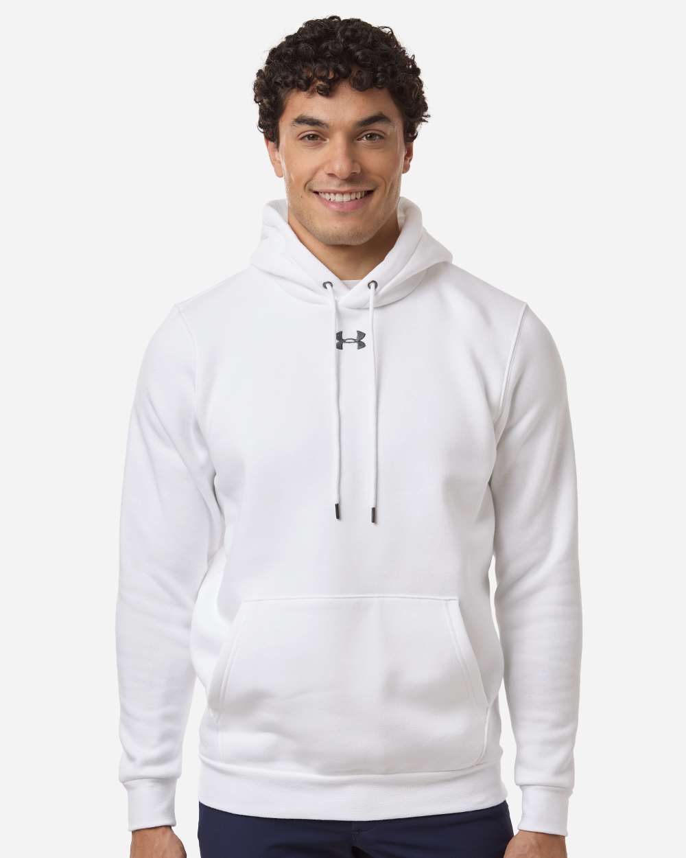 Custom team hoodies, White / Pitch Grey Medium Heather Under Armour Icon fleece hoodie on model, front