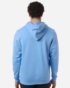 Custom team hoodies, Horizon Blue / White Under Armour Icon fleece hoodie on model, back