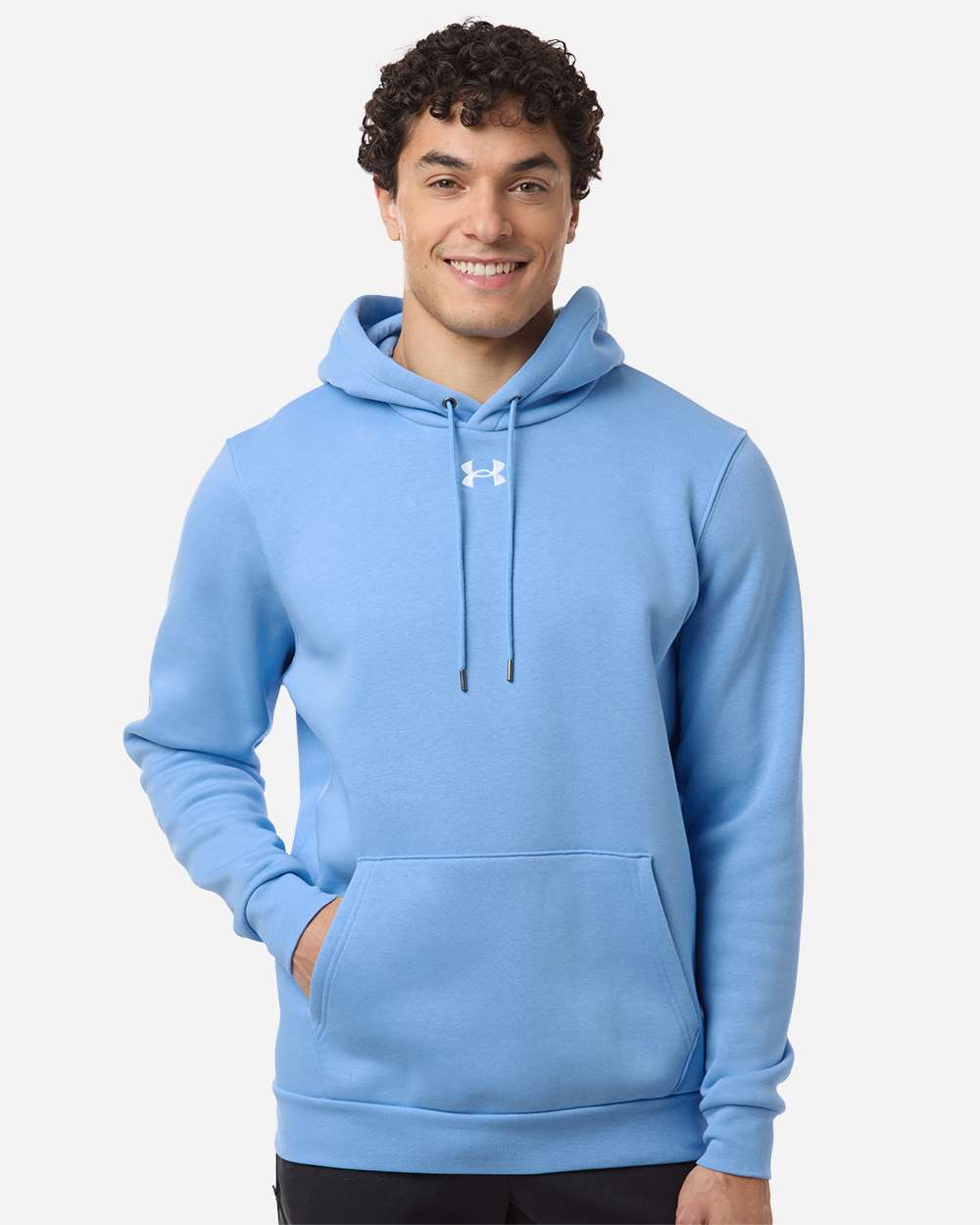 Custom team hoodies, Horizon Blue / White Under Armour Icon fleece hoodie on model, front