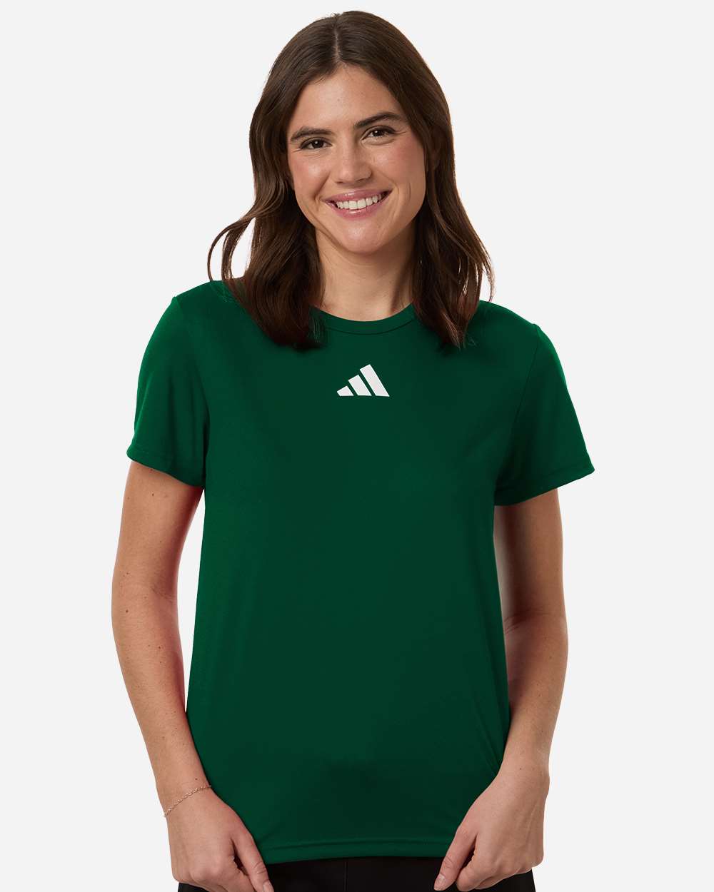 Custom Adidas shirts for women in Dark Green, Pregame performance tee, on-model front