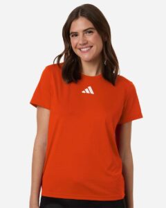 Custom Adidas shirts for women in Orange, Pregame performance tee, on-model front