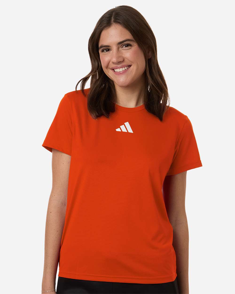 Custom Adidas shirts for women in Orange, Pregame performance tee, on-model front