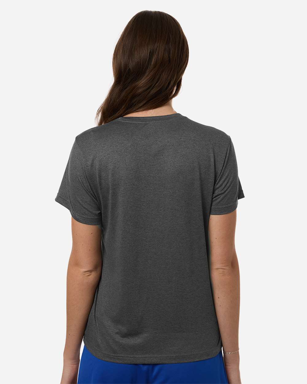 Custom Adidas shirts for women in Dark Grey Heather, Pregame performance tee, on-model back