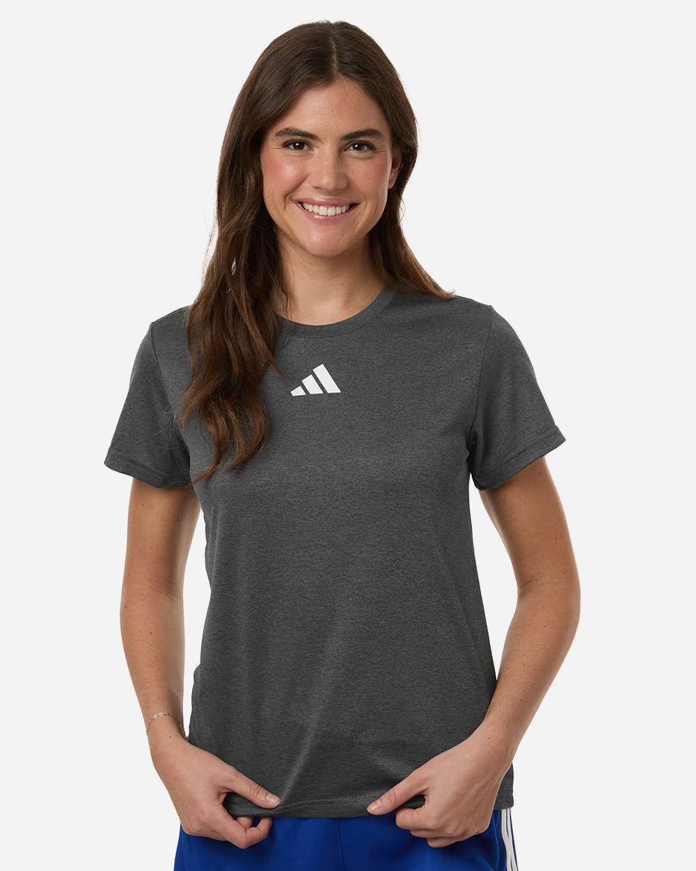 Custom Adidas shirts for women in Dark Grey Heather, Pregame performance tee, on-model front