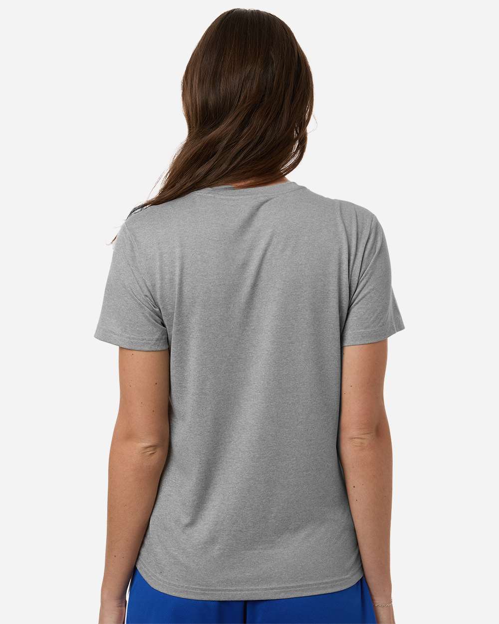 Custom Adidas shirts for women in Medium Grey Heather, Pregame performance tee, on-model back
