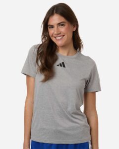 Custom Adidas shirts for women in Medium Grey Heather, Pregame performance tee, on-model front