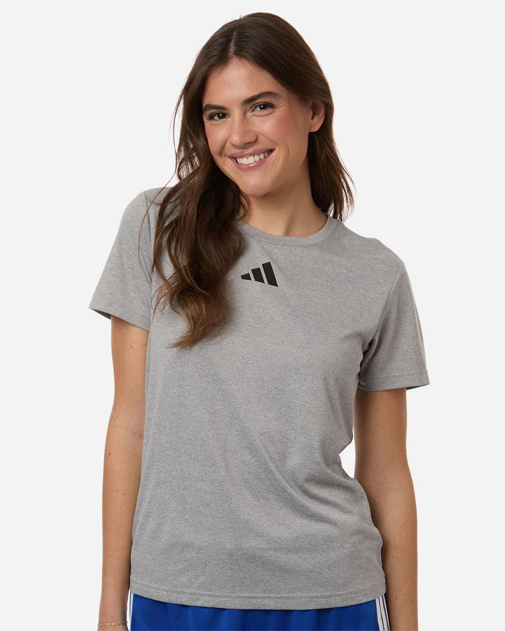 Custom Adidas shirts for women in Medium Grey Heather, Pregame performance tee, on-model front