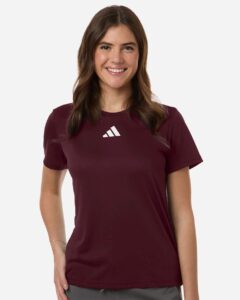 Custom Adidas shirts for women in Maroon, Pregame performance tee, on-model front