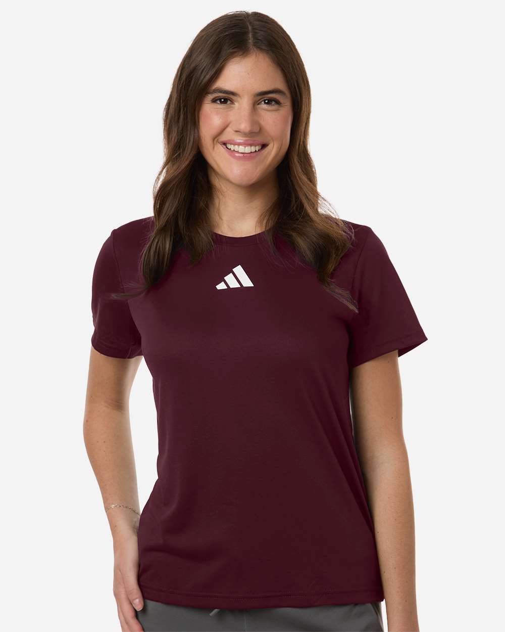 Custom Adidas shirts for women in Maroon, Pregame performance tee, on-model front