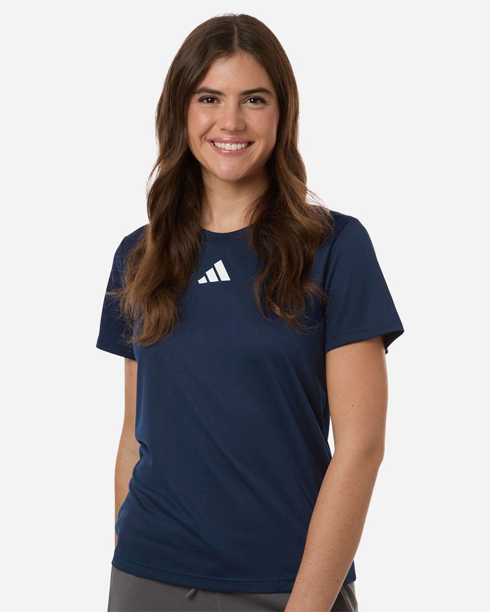 Custom Adidas shirts for women in Navy Blue, Pregame performance tee, on-model front