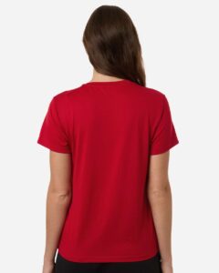 Custom Adidas shirts for women in Power Red, Pregame performance tee, on-model back