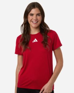 Custom Adidas shirts for women in Power Red, Pregame performance tee, on-model front