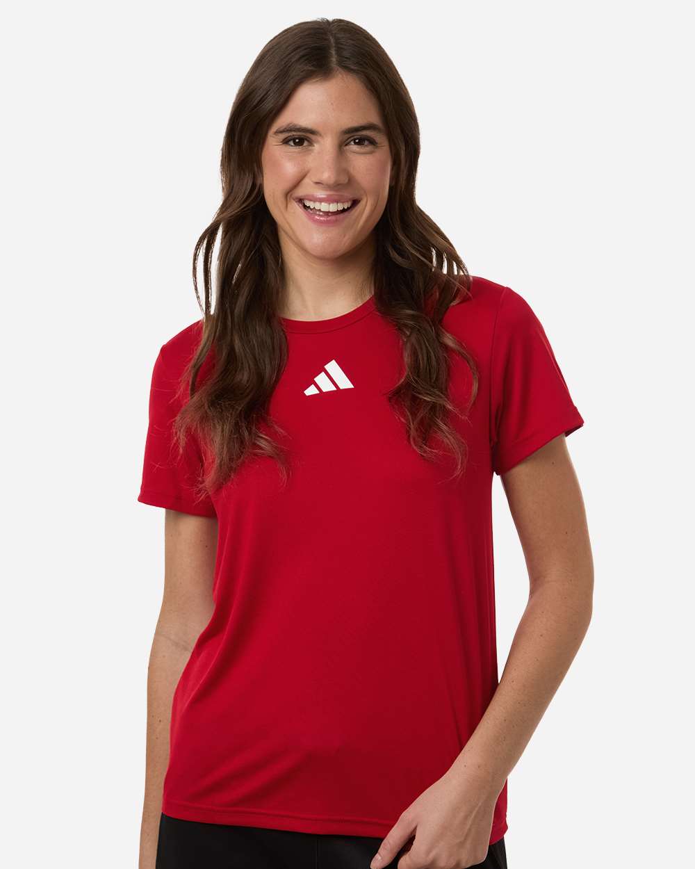 Custom Adidas shirts for women in Power Red, Pregame performance tee, on-model front