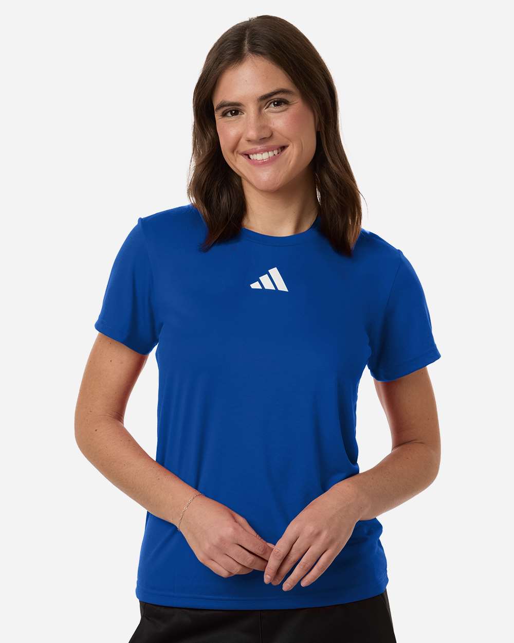 Custom Adidas shirts for women in Royal Blue, Pregame performance tee, on-model front