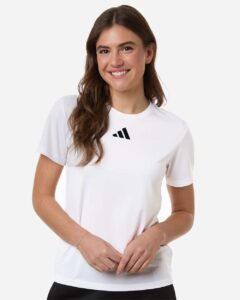 Custom Adidas shirts for women in White, Pregame performance tee, on-model front