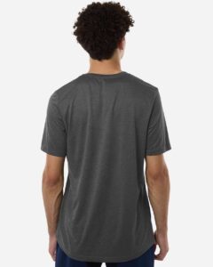 Custom Adidas shirts in Dark Grey Heather, men's Pregame performance tee, on-model back
