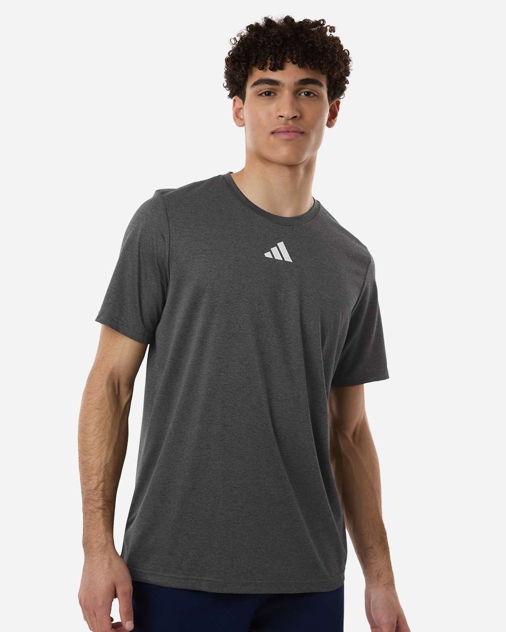 Custom Adidas shirts in Dark Grey Heather, men's Pregame performance tee, on-model front