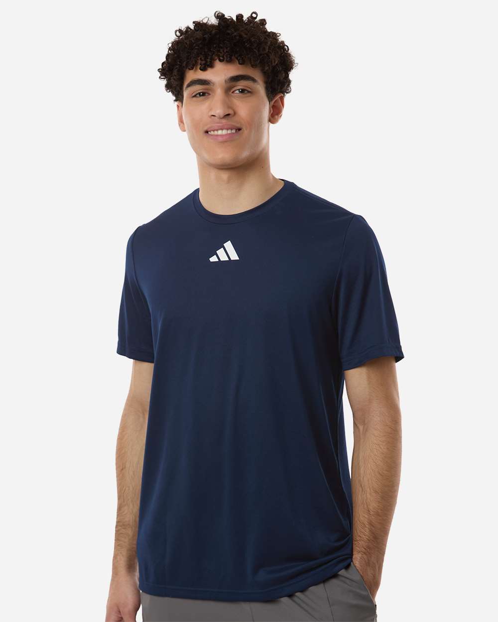 Custom Adidas shirts in Navy Blue, men's Pregame performance tee, on-model front