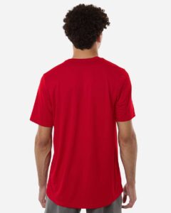 Custom Adidas shirts in Power Red, men's Pregame performance tee, on-model back