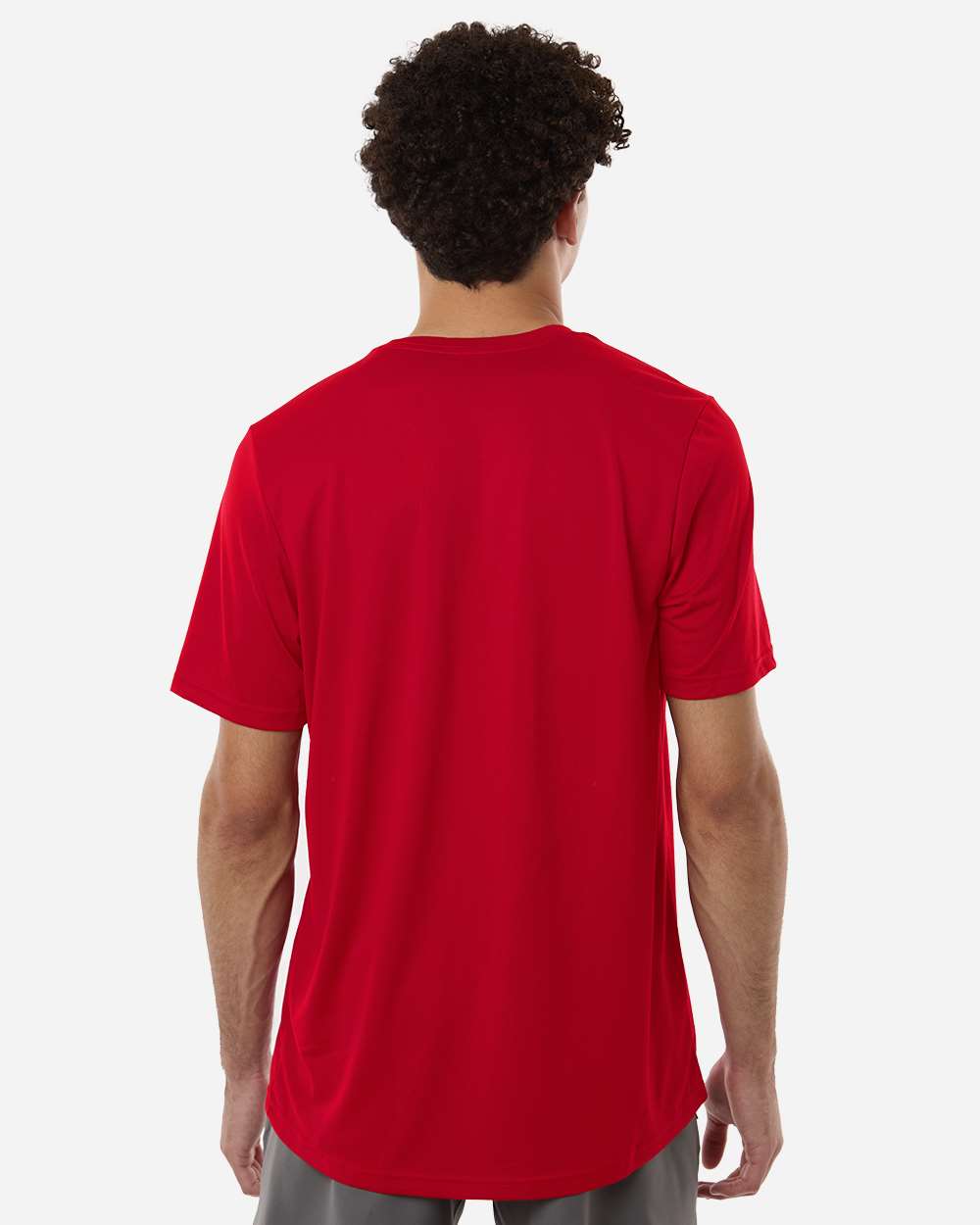 Custom Adidas shirts in Power Red, men's Pregame performance tee, on-model back