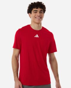 Custom Adidas shirts in Power Red, men's Pregame performance tee, on-model front