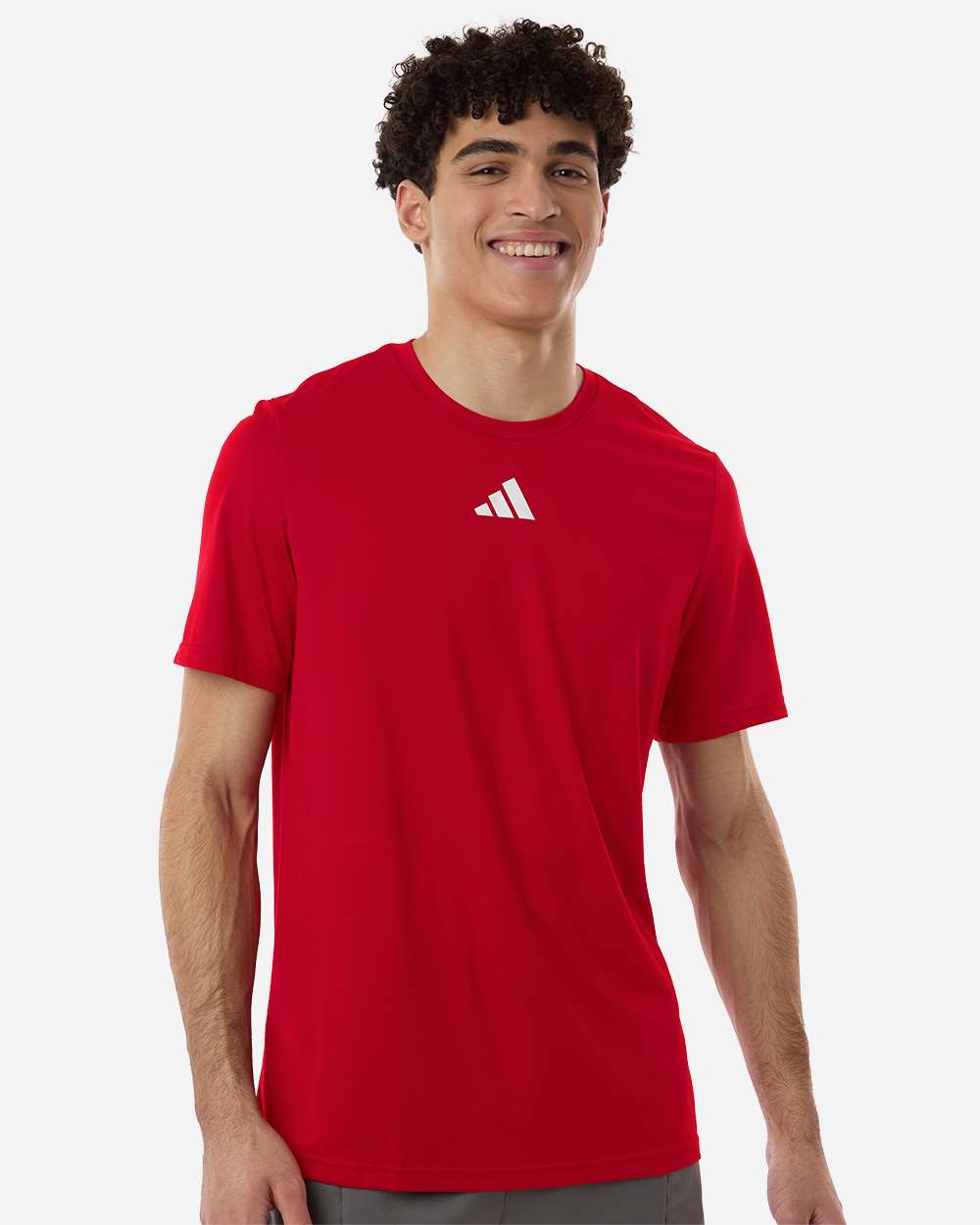 Custom Adidas shirts in Power Red, men's Pregame performance tee, on-model front