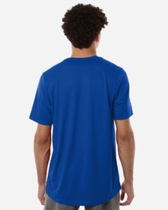 Custom Adidas shirts in Royal Blue, men's Pregame performance tee, on-model back