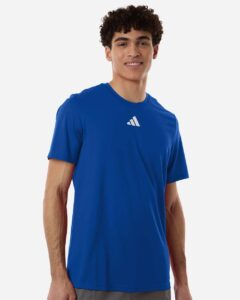 Custom Adidas shirts in Royal Blue, men's Pregame performance tee, on-model front