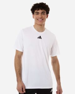 Custom Adidas shirts in White, men's Pregame performance tee, on-model front