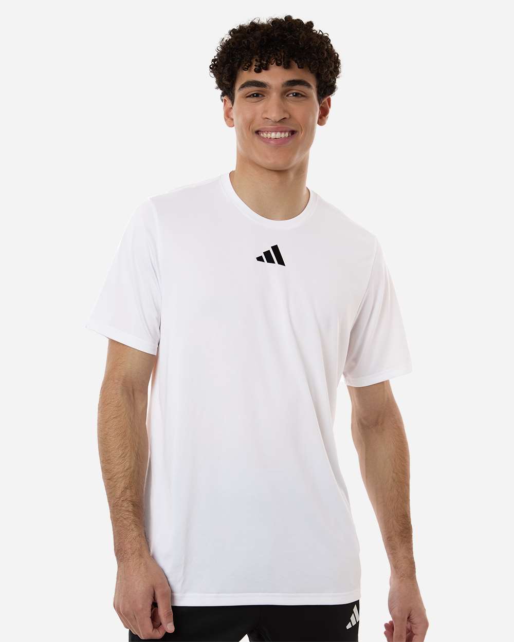 Custom Adidas shirts in White, men's Pregame performance tee, on-model front