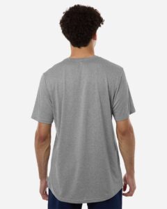 Custom Adidas shirts in Medium Grey Heather, men's Pregame performance tee, on-model back