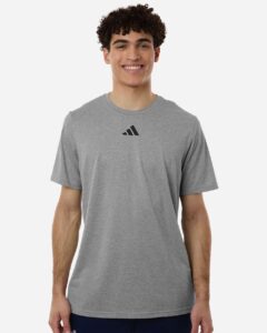 Custom Adidas shirts in Medium Grey Heather, men's Pregame performance tee, on-model front