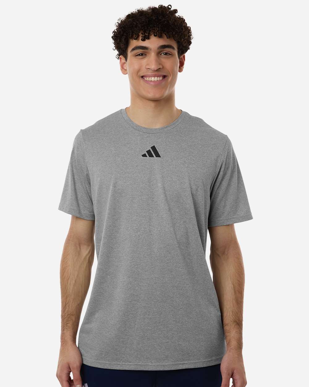 Custom Adidas shirts in Medium Grey Heather, men's Pregame performance tee, on-model front
