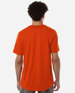 Custom Adidas shirts in Orange, men's Pregame performance tee, on-model back
