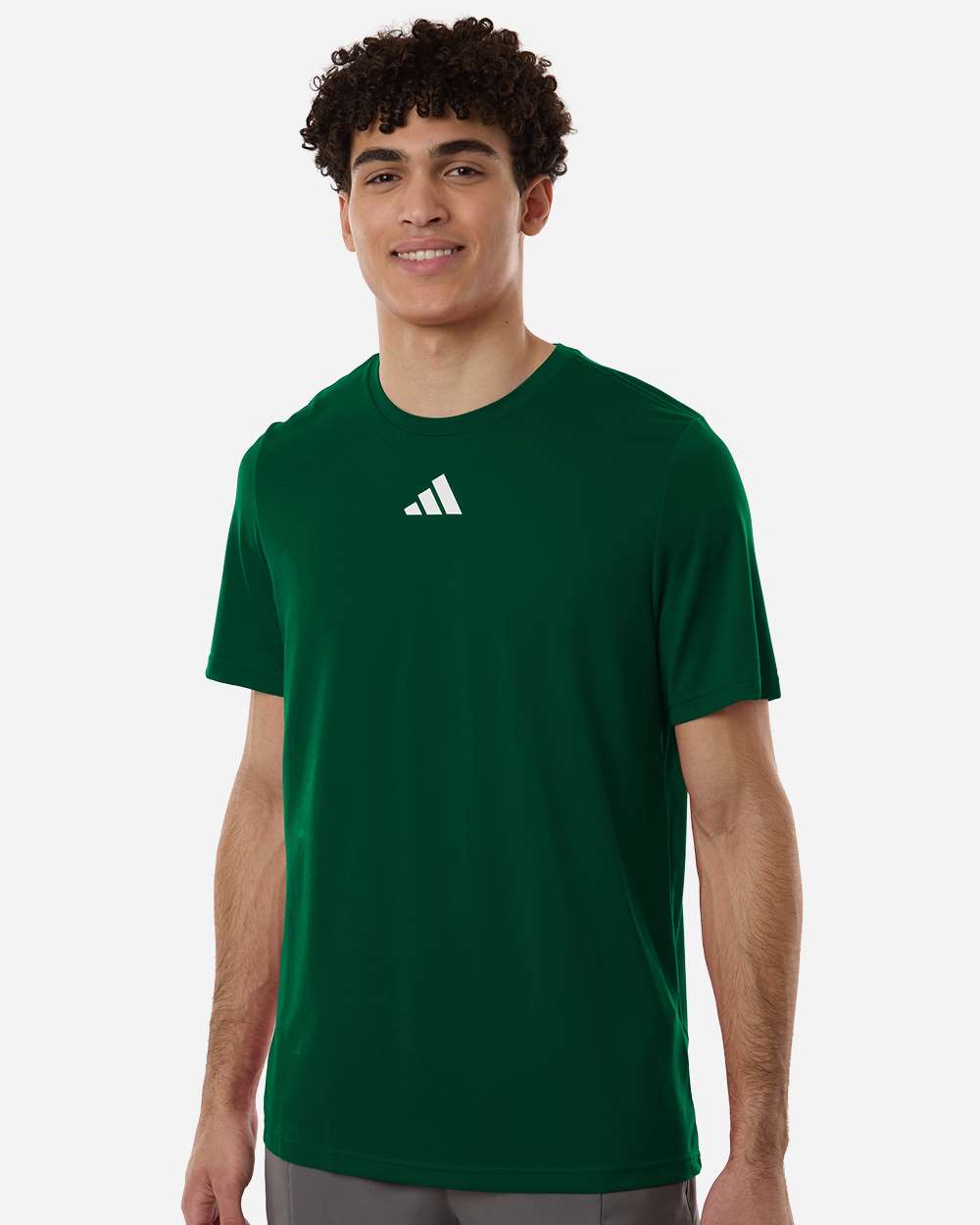 Custom Adidas shirts in Dark Green, men's Pregame performance tee, on-model front