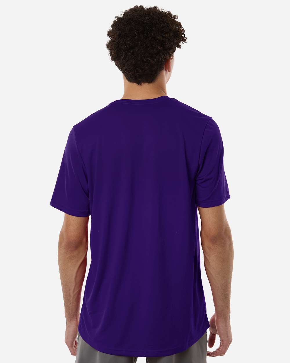 Custom Adidas shirts in Purple, men's Pregame performance tee, on-model back