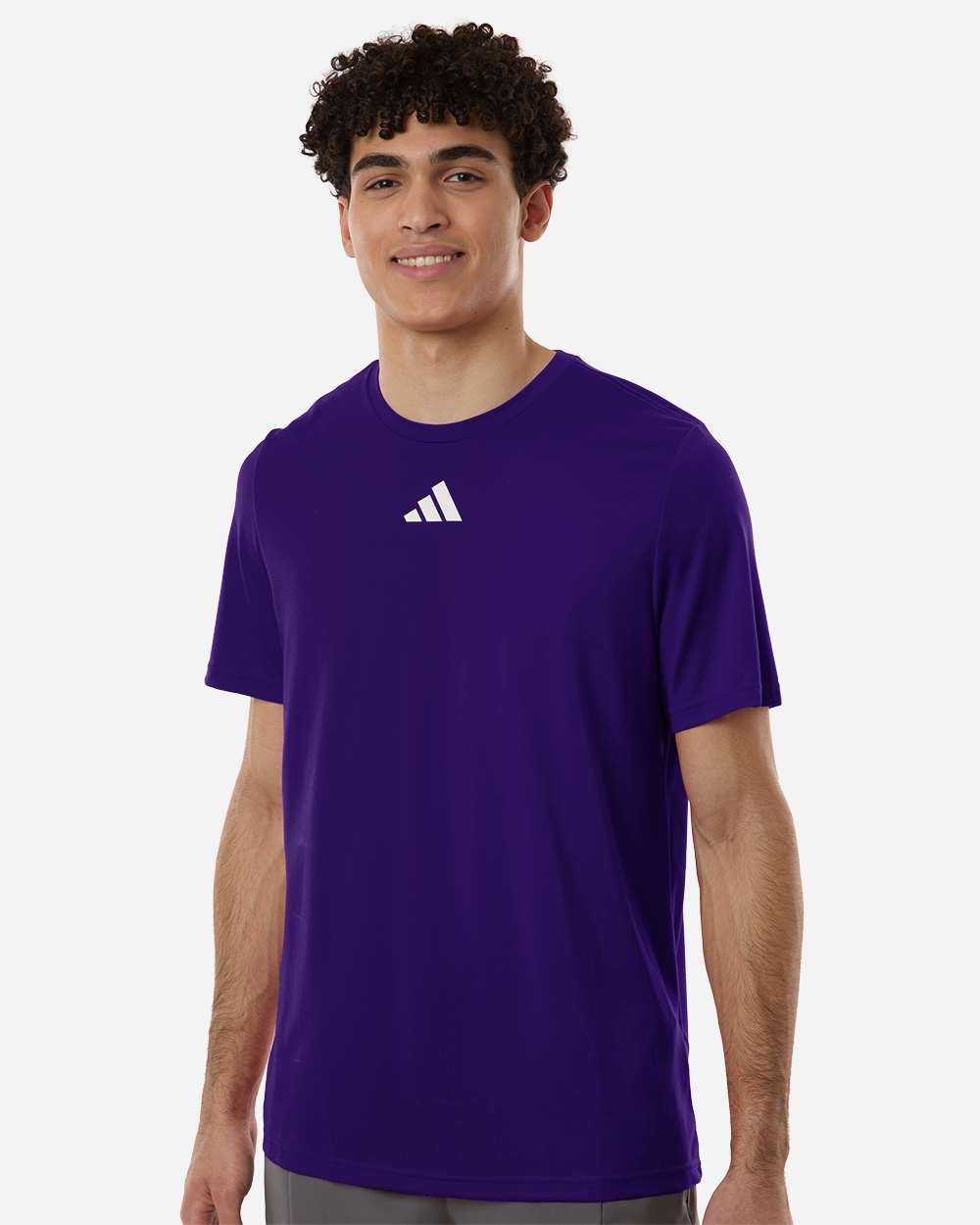 Custom Adidas shirts in Purple, men's Pregame performance tee, on-model front