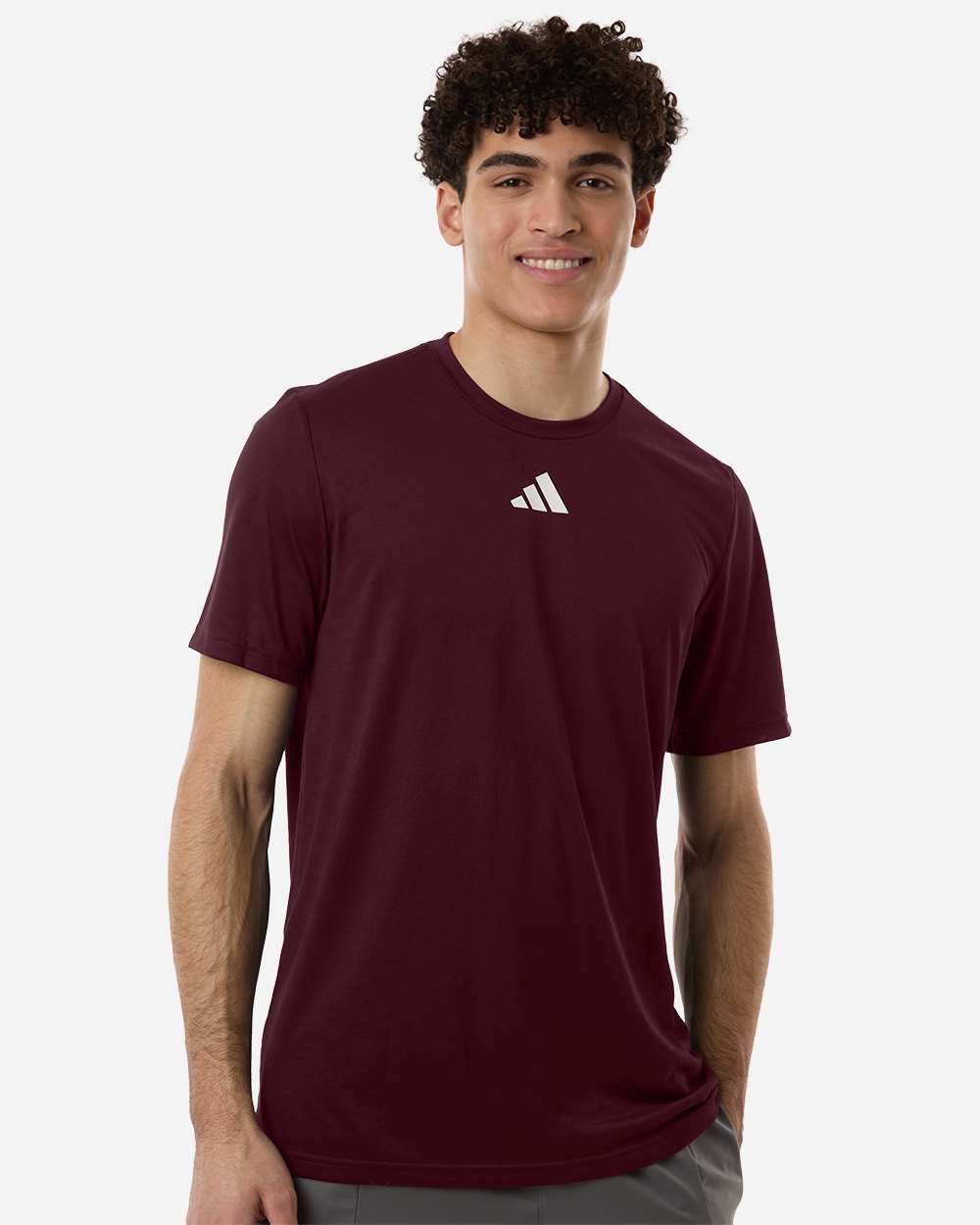 Custom Adidas shirts in Maroon, men's Pregame performance tee, on-model front