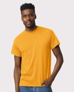 Bulk custom t-shirts in Gold, Gildan DryBlend 50/50 tee, on-model front