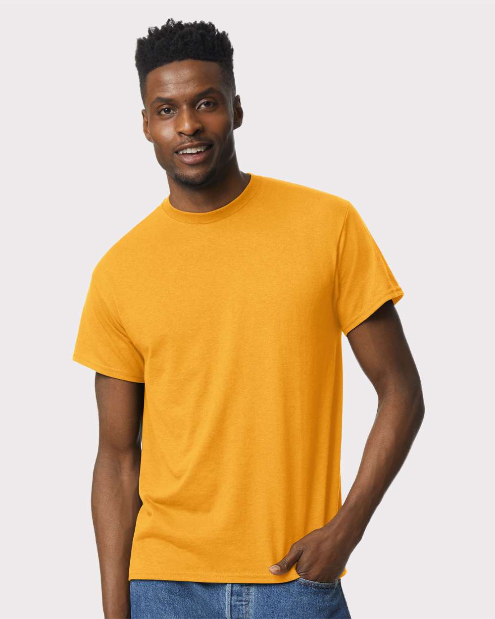 Bulk custom t-shirts in Gold, Gildan DryBlend 50/50 tee, on-model front