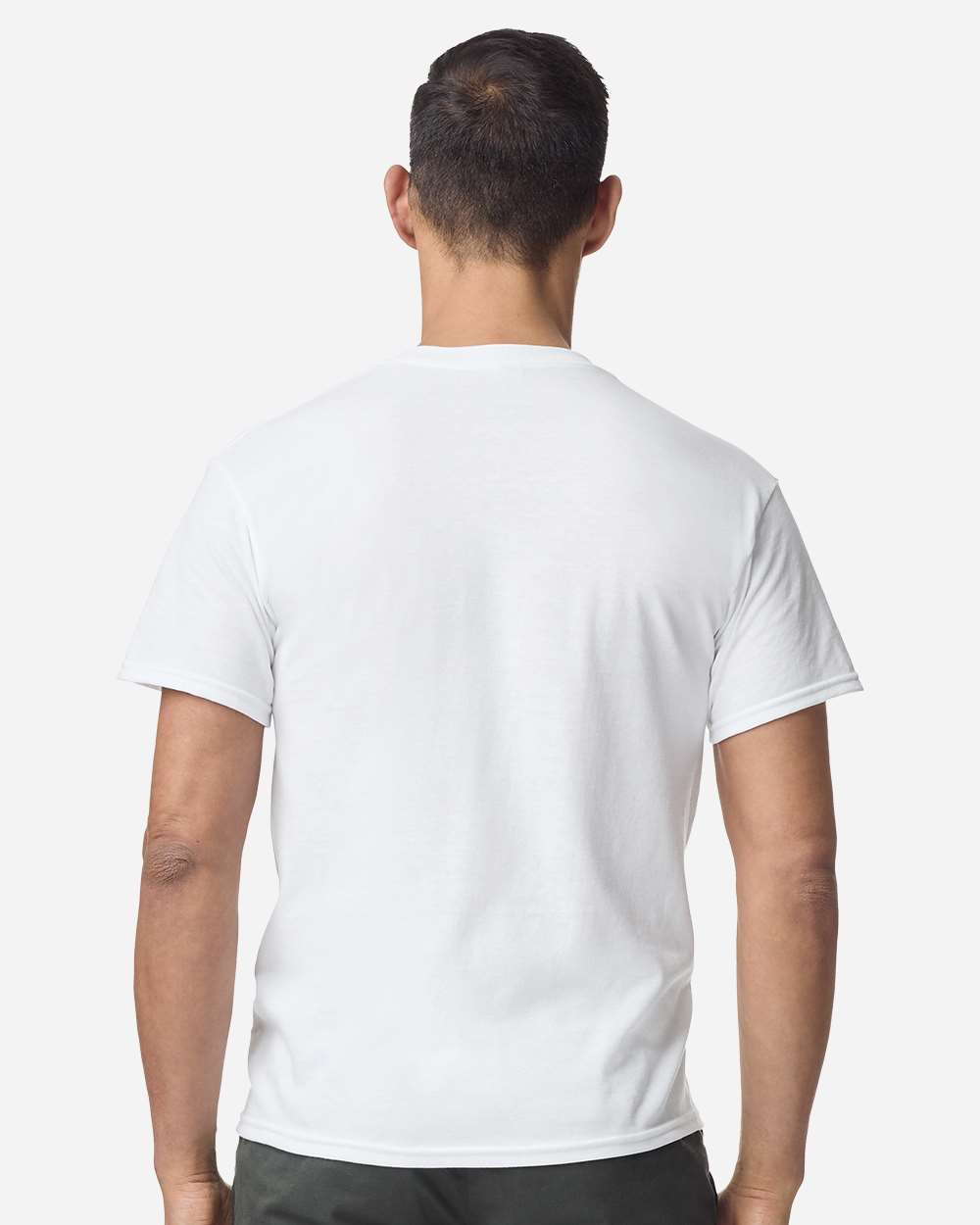 Bulk custom t-shirts in White, Gildan DryBlend 50/50 tee, on-model back