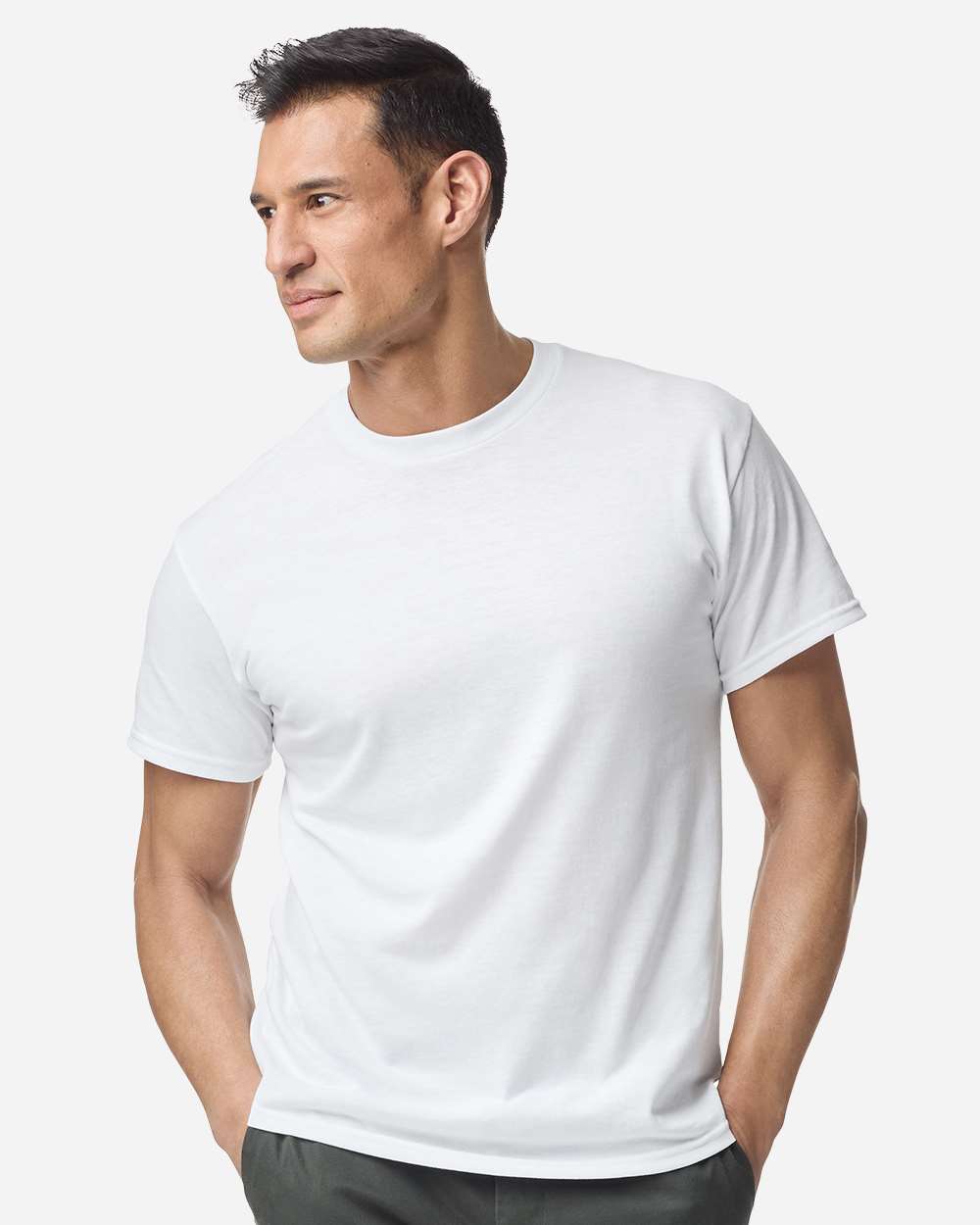 Bulk custom t-shirts in White, Gildan DryBlend 50/50 tee, on-model front