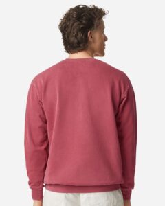 Custom crewneck sweatshirts, Comfort Colors garment-dyed crewneck in Crimson on model, back