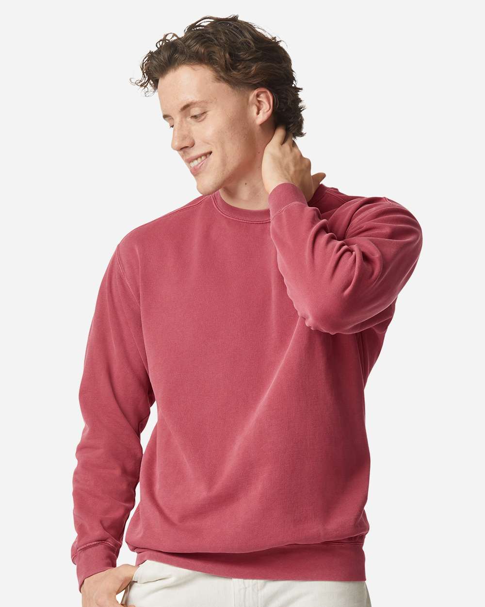 Custom crewneck sweatshirts, Comfort Colors garment-dyed crewneck in Crimson on model, front