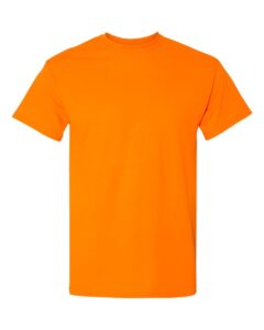 Bulk custom t-shirts in Safety Orange, Gildan DryBlend 50/50 tee, flat front