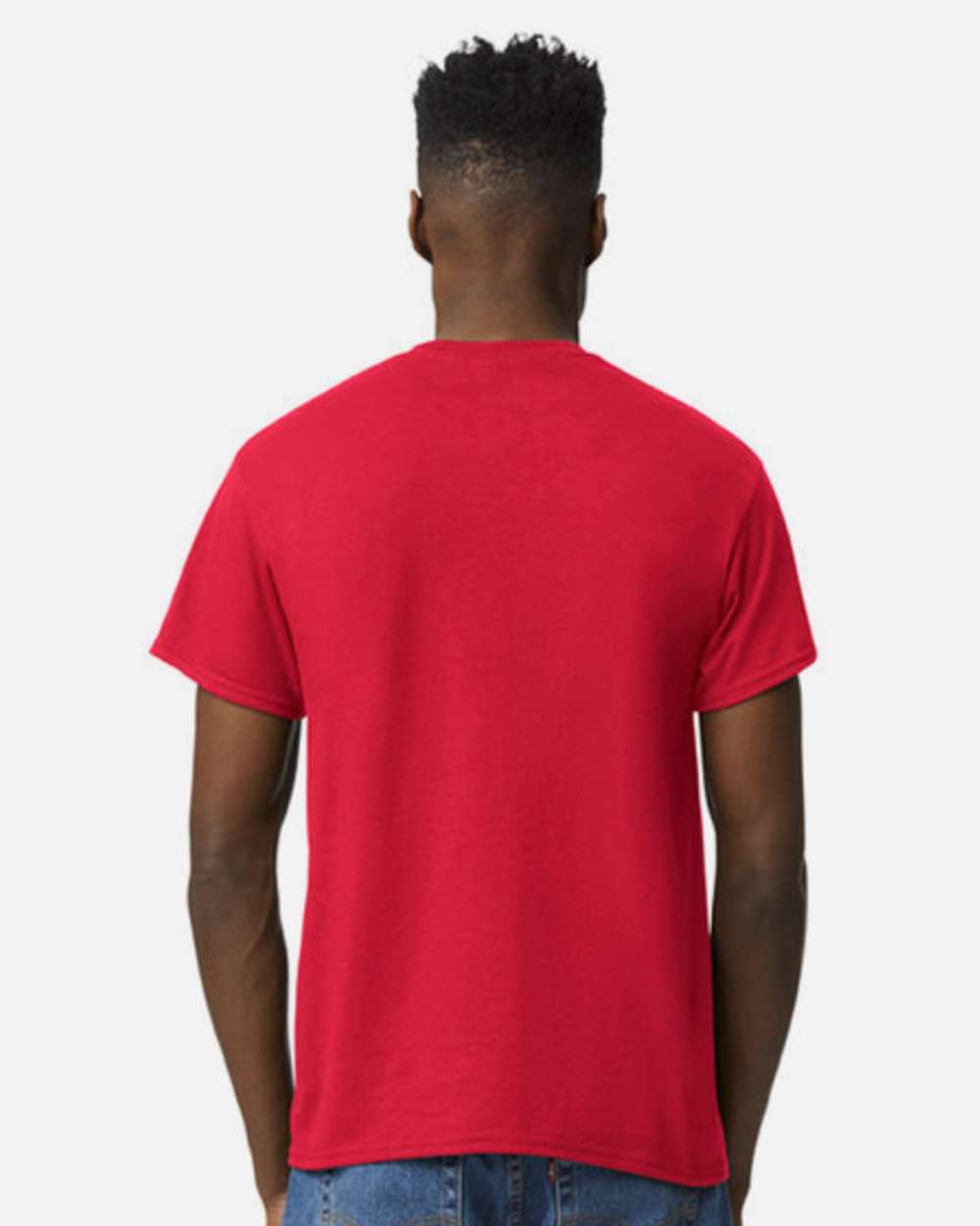 Bulk custom t-shirts in Scarlet Red, Gildan DryBlend 50/50 tee, on-model back