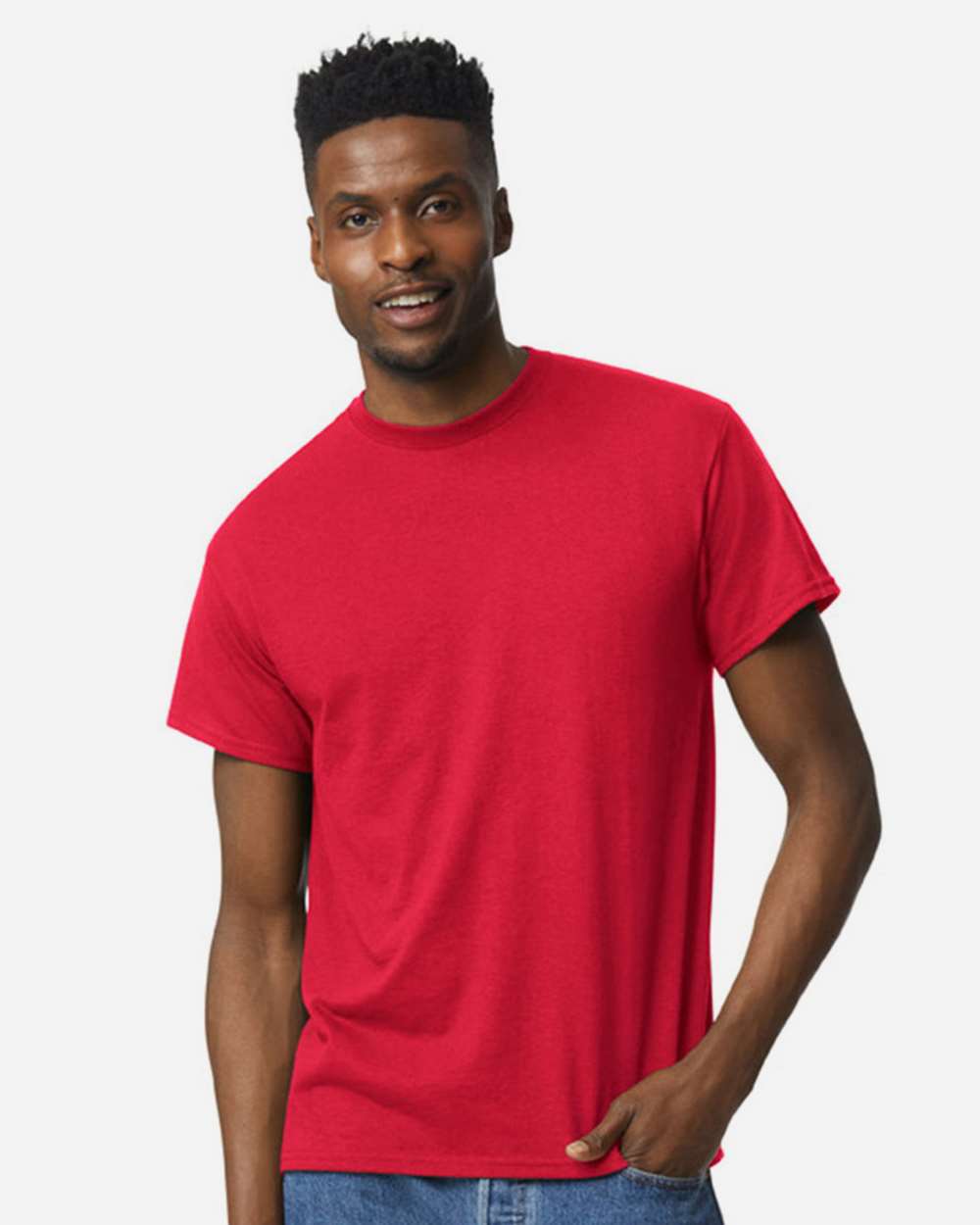 Bulk custom t-shirts in Scarlet Red, Gildan DryBlend 50/50 tee, on-model front